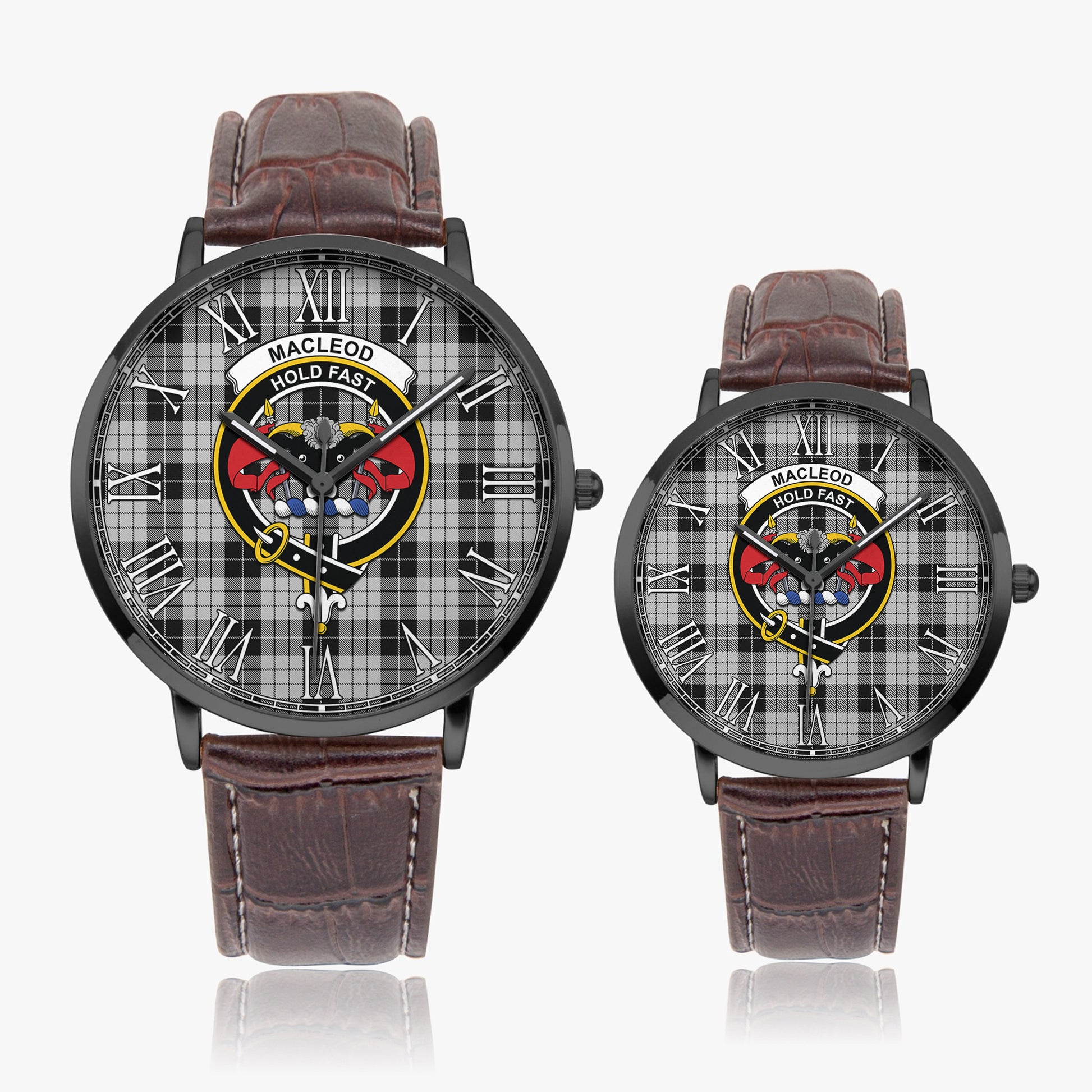 MacLeod Black and White Tartan Family Crest Leather Strap Quartz Watch - Tartanvibesclothing