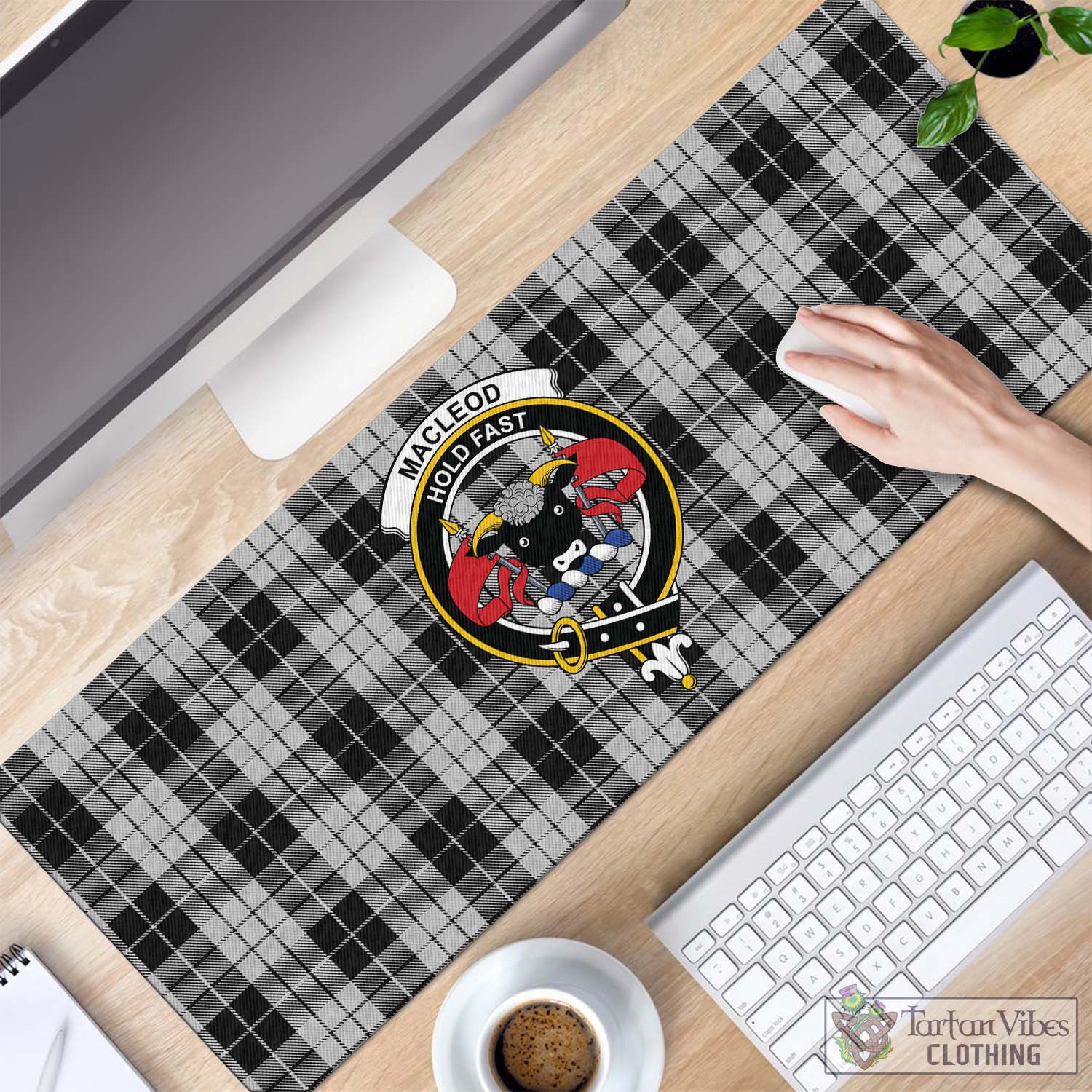 Tartan Vibes Clothing MacLeod Black and White Tartan Mouse Pad with Family Crest