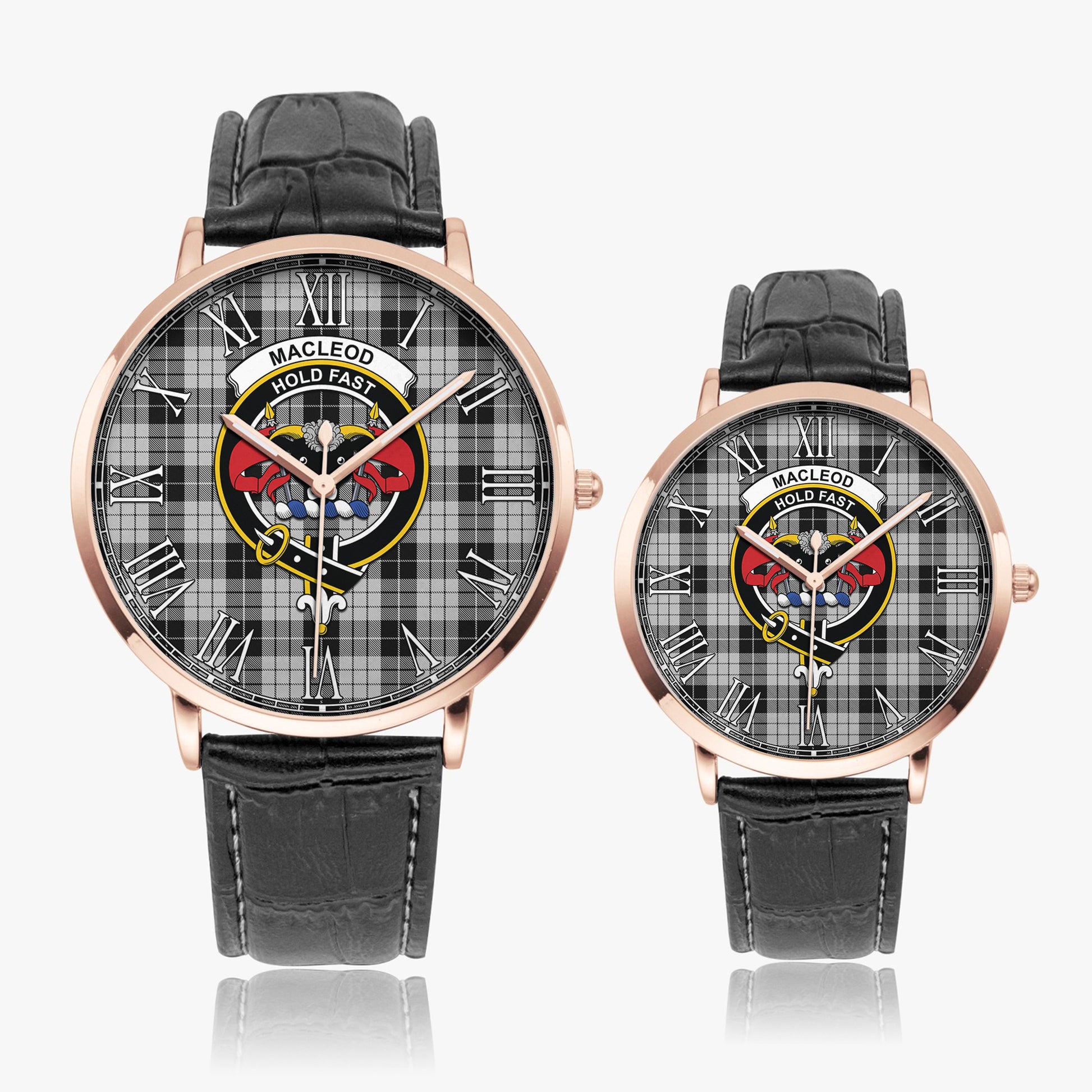 MacLeod Black and White Tartan Family Crest Leather Strap Quartz Watch - Tartanvibesclothing