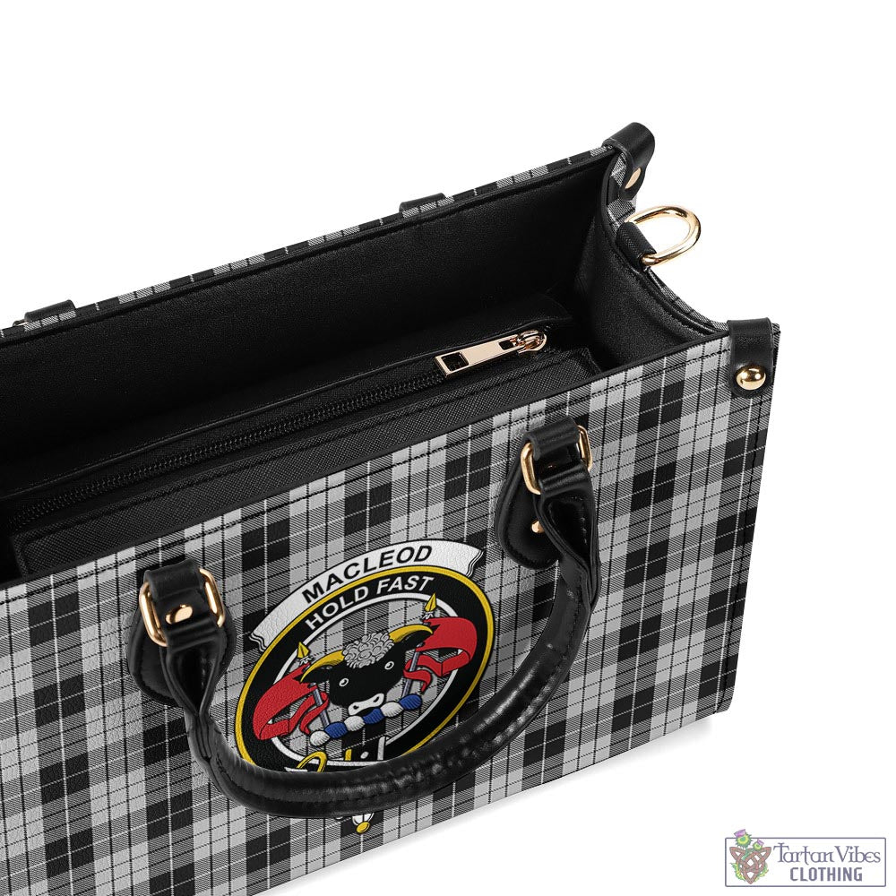 Tartan Vibes Clothing MacLeod Black and White Tartan Luxury Leather Handbags with Family Crest