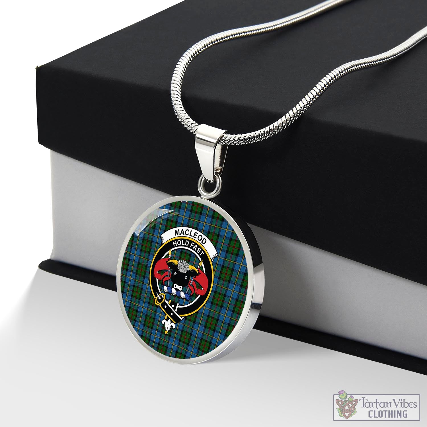 Tartan Vibes Clothing MacLeod Green Tartan Circle Necklace with Family Crest