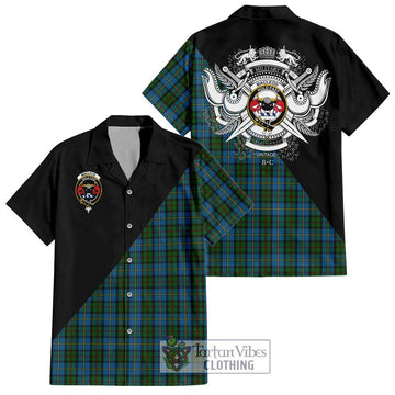 MacLeod Green Tartan Short Sleeve Button Shirt with Family Crest and Military Logo Style