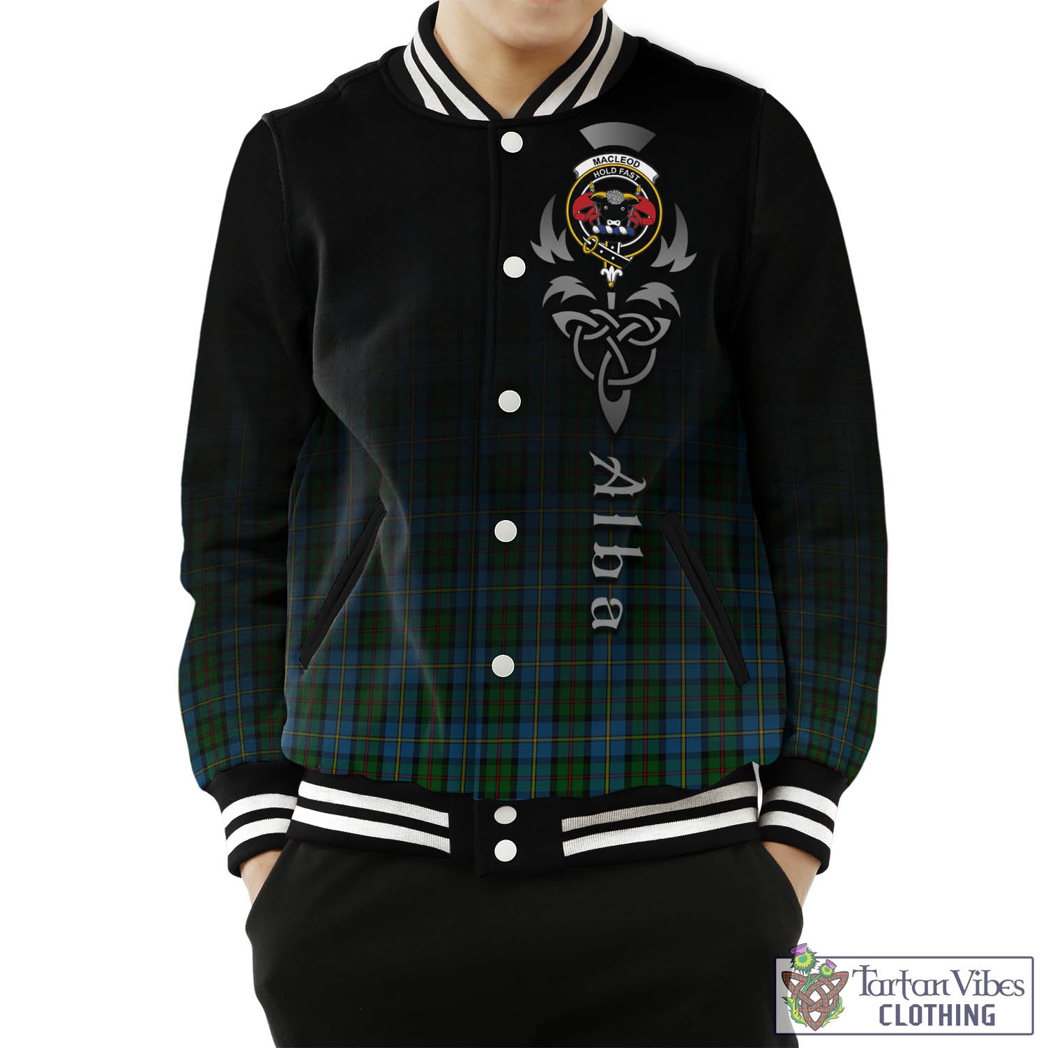 Tartan Vibes Clothing MacLeod Green Tartan Baseball Jacket Featuring Alba Gu Brath Family Crest Celtic Inspired