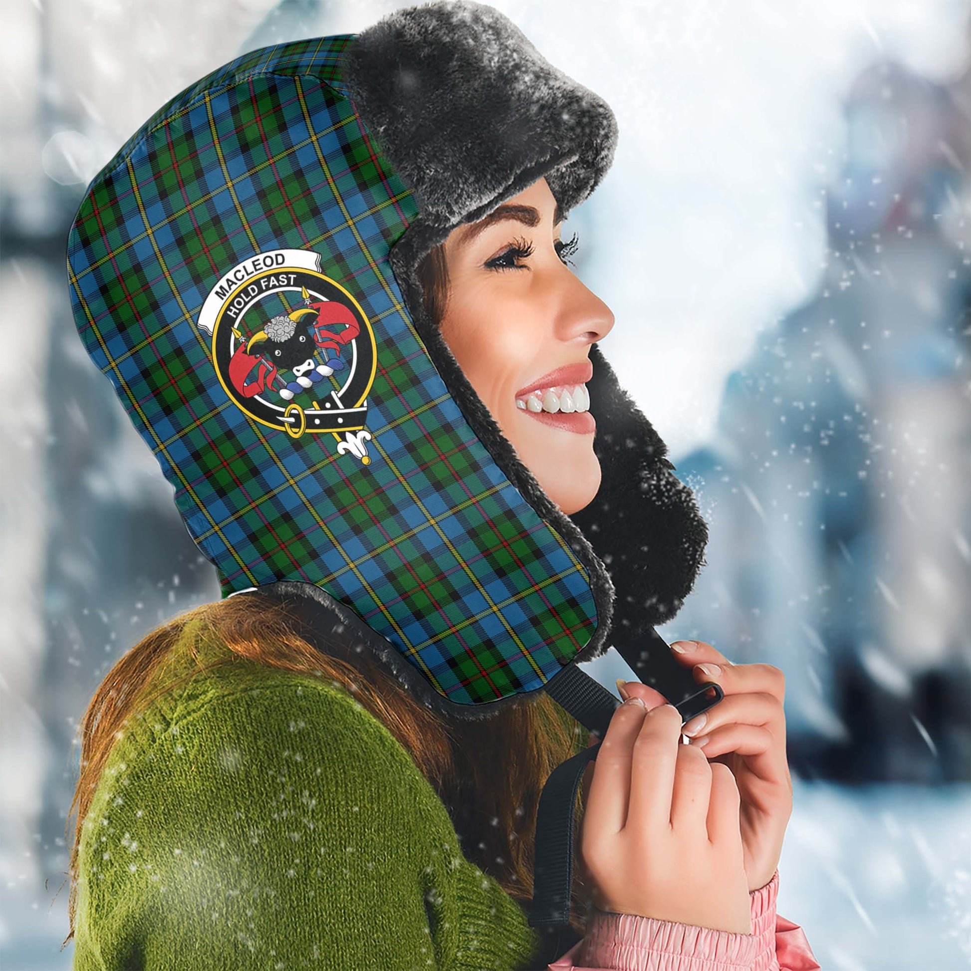 MacLeod Green Tartan Winter Trapper Hat with Family Crest Winter Trapper Hat Universal Fit Circumference 22.8in (58cm) - Tartanvibesclothing