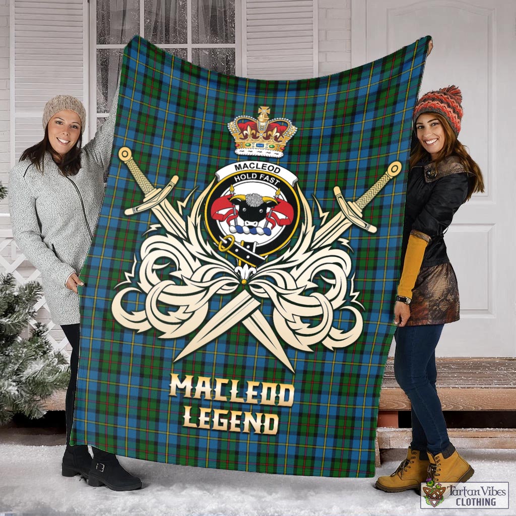 Tartan Vibes Clothing MacLeod Green Tartan Blanket with Clan Crest and the Golden Sword of Courageous Legacy