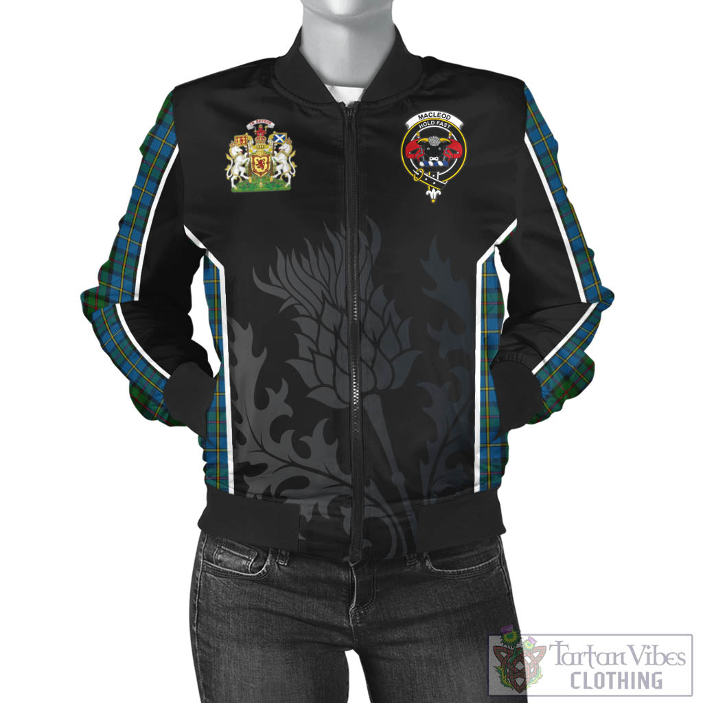 Tartan Vibes Clothing MacLeod Green Tartan Bomber Jacket with Family Crest and Scottish Thistle Vibes Sport Style