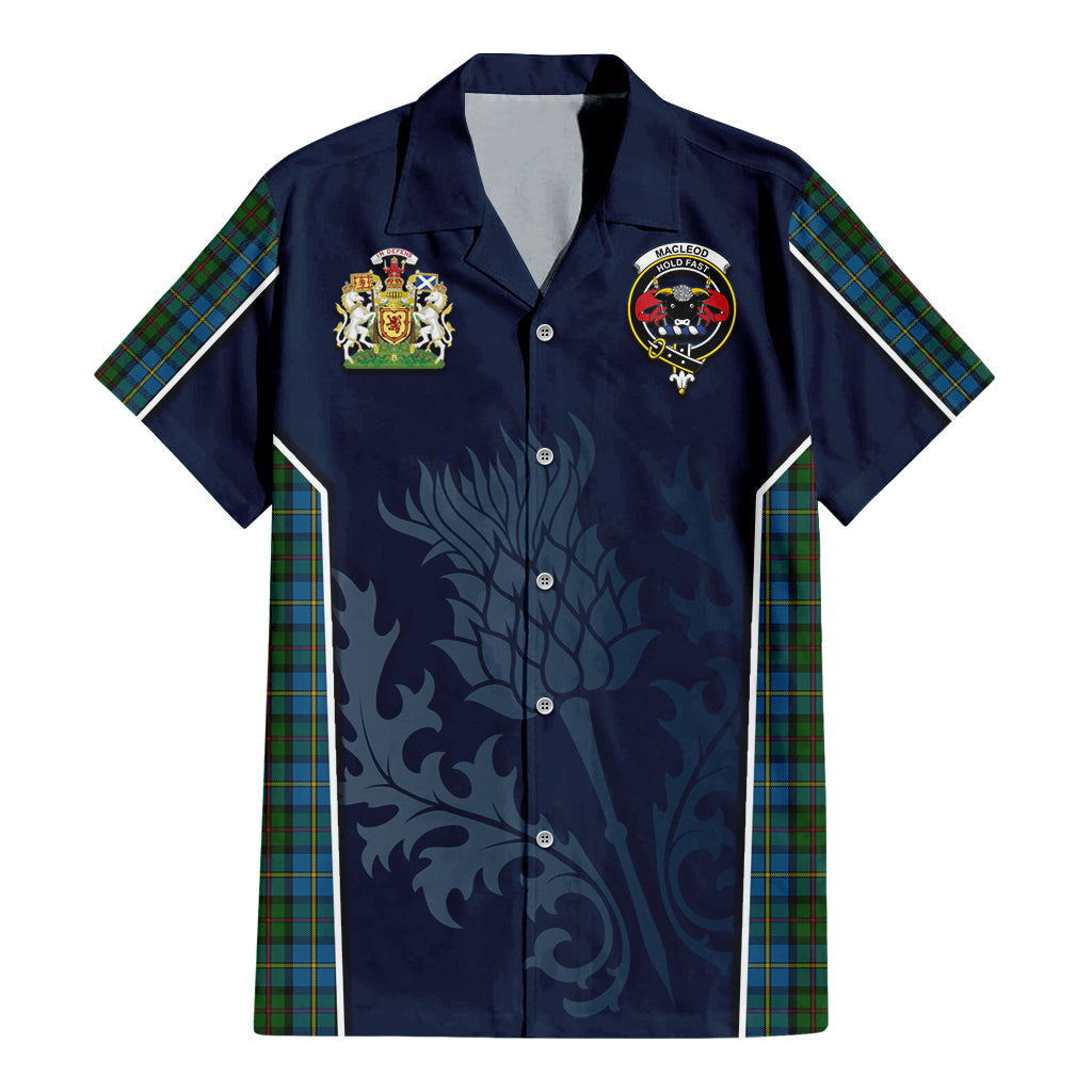 Tartan Vibes Clothing MacLeod Green Tartan Short Sleeve Button Up Shirt with Family Crest and Scottish Thistle Vibes Sport Style