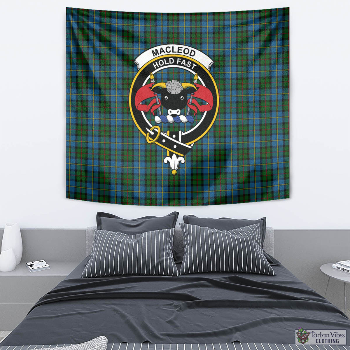 Tartan Vibes Clothing MacLeod Green Tartan Tapestry Wall Hanging and Home Decor for Room with Family Crest