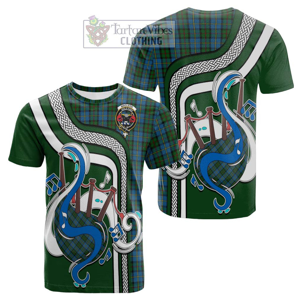 Tartan Vibes Clothing MacLeod Green Tartan Cotton T-shirt with Epic Bagpipe Style