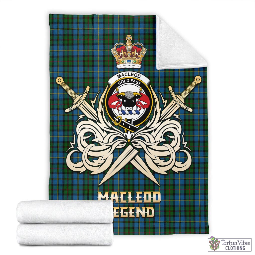 Tartan Vibes Clothing MacLeod Green Tartan Blanket with Clan Crest and the Golden Sword of Courageous Legacy