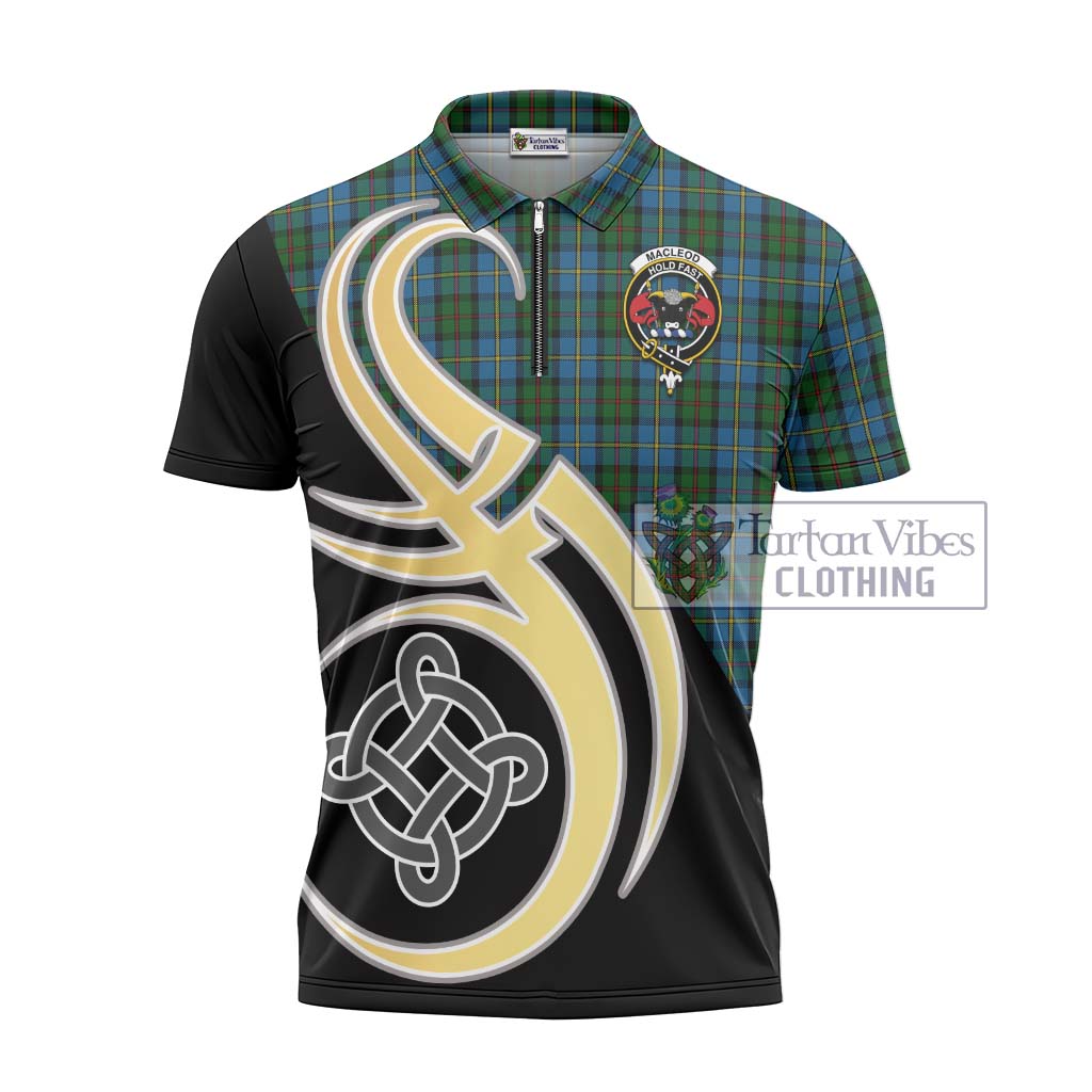 Tartan Vibes Clothing MacLeod Green Tartan Zipper Polo Shirt with Family Crest and Celtic Symbol Style