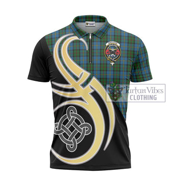 MacLeod Green Tartan Zipper Polo Shirt with Family Crest and Celtic Symbol Style