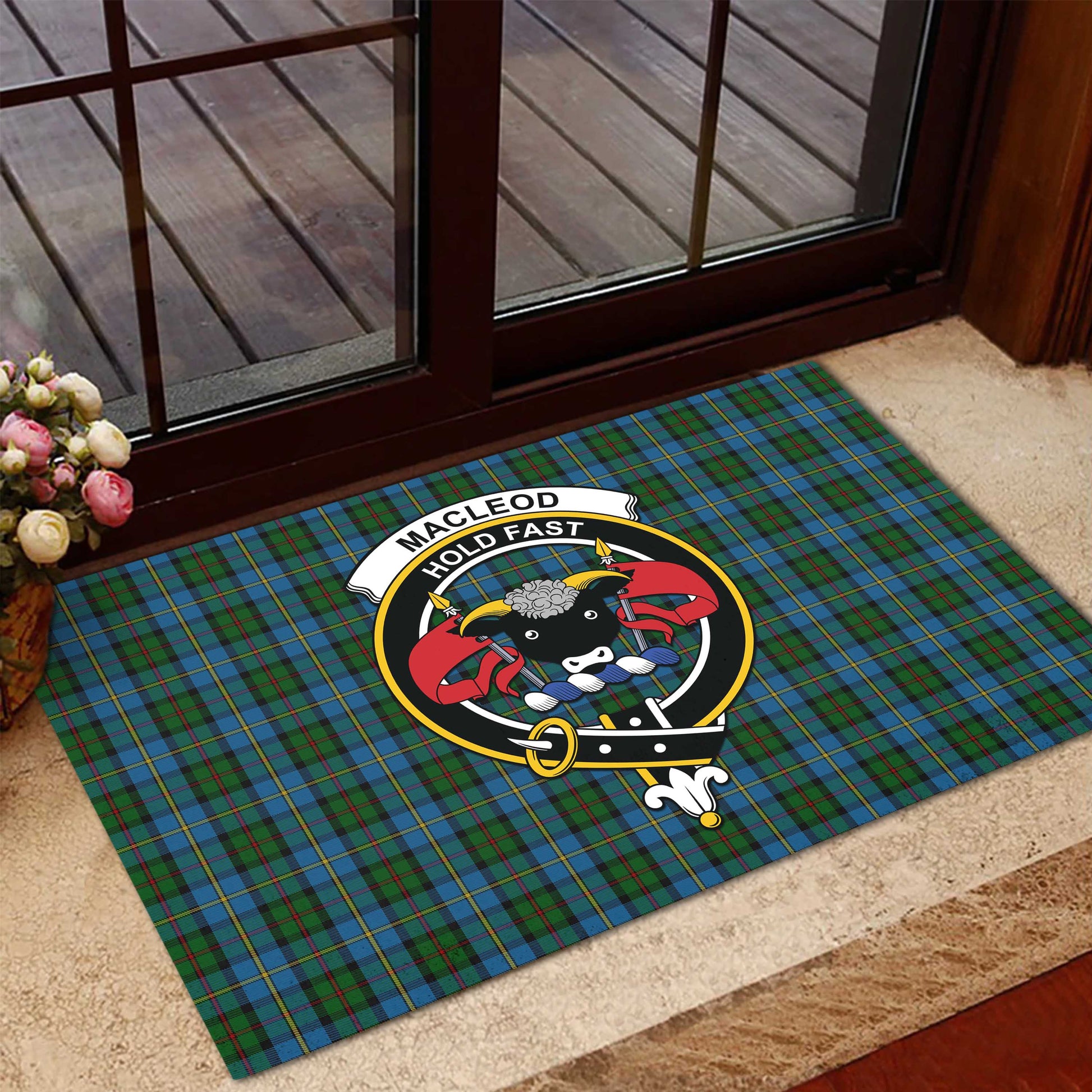 MacLeod Green Tartan Door Mat with Family Crest - Tartanvibesclothing