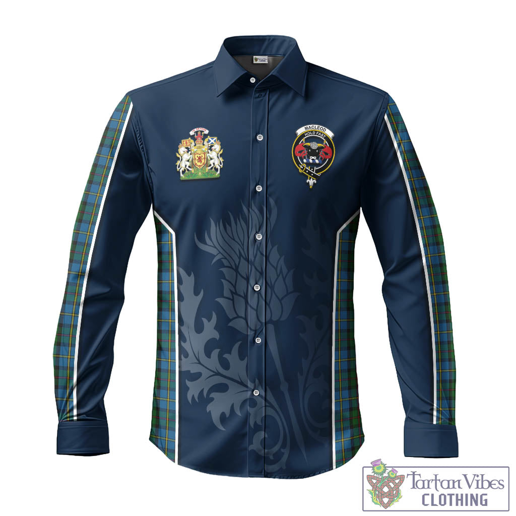 Tartan Vibes Clothing MacLeod Green Tartan Long Sleeve Button Up Shirt with Family Crest and Scottish Thistle Vibes Sport Style