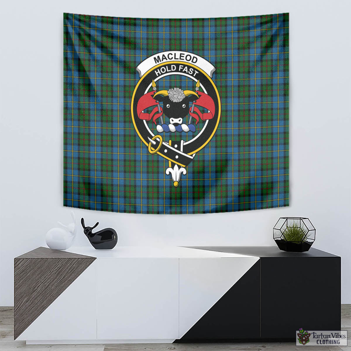 Tartan Vibes Clothing MacLeod Green Tartan Tapestry Wall Hanging and Home Decor for Room with Family Crest