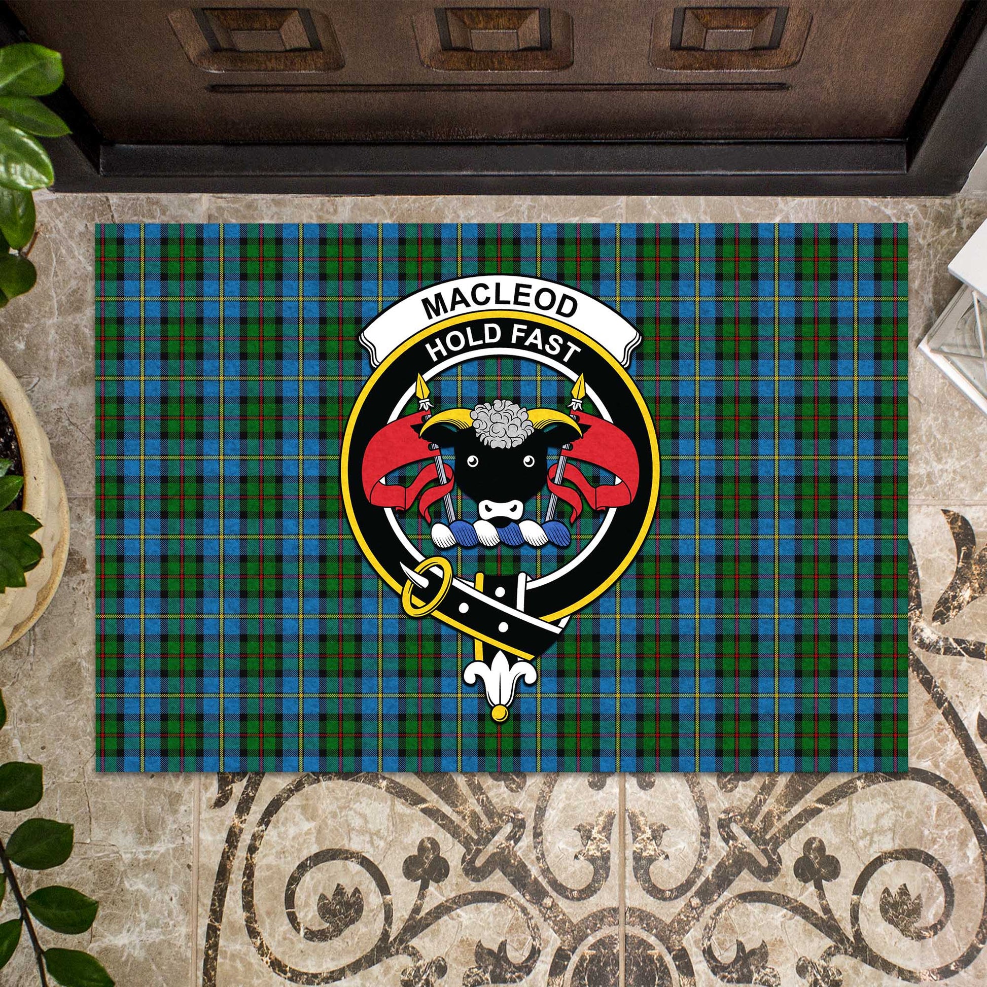 MacLeod Green Tartan Door Mat with Family Crest - Tartanvibesclothing