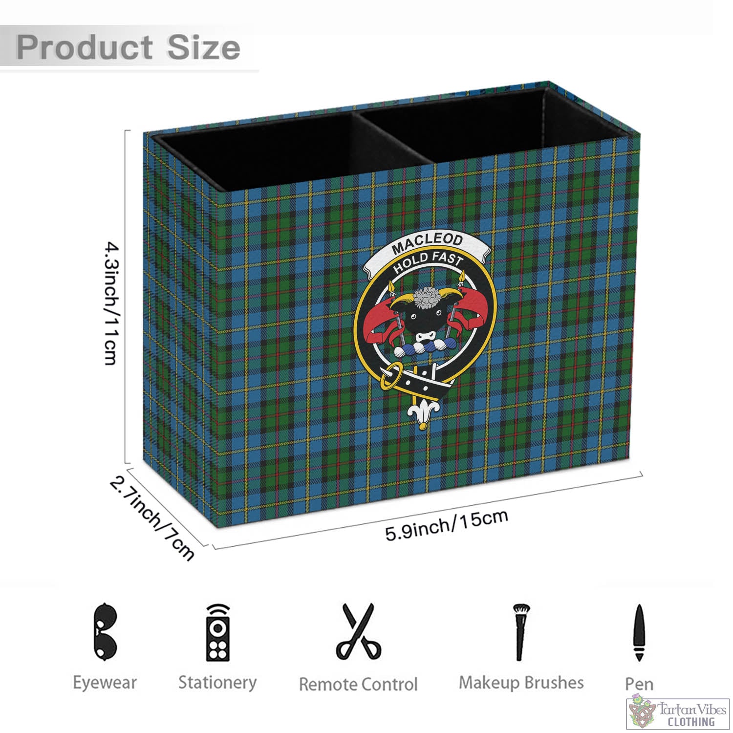 Tartan Vibes Clothing MacLeod Green Tartan Pen Holder with Family Crest