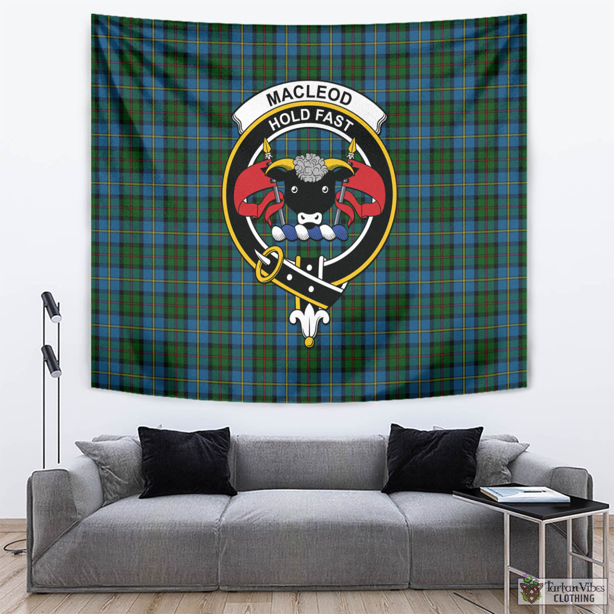 Tartan Vibes Clothing MacLeod Green Tartan Tapestry Wall Hanging and Home Decor for Room with Family Crest