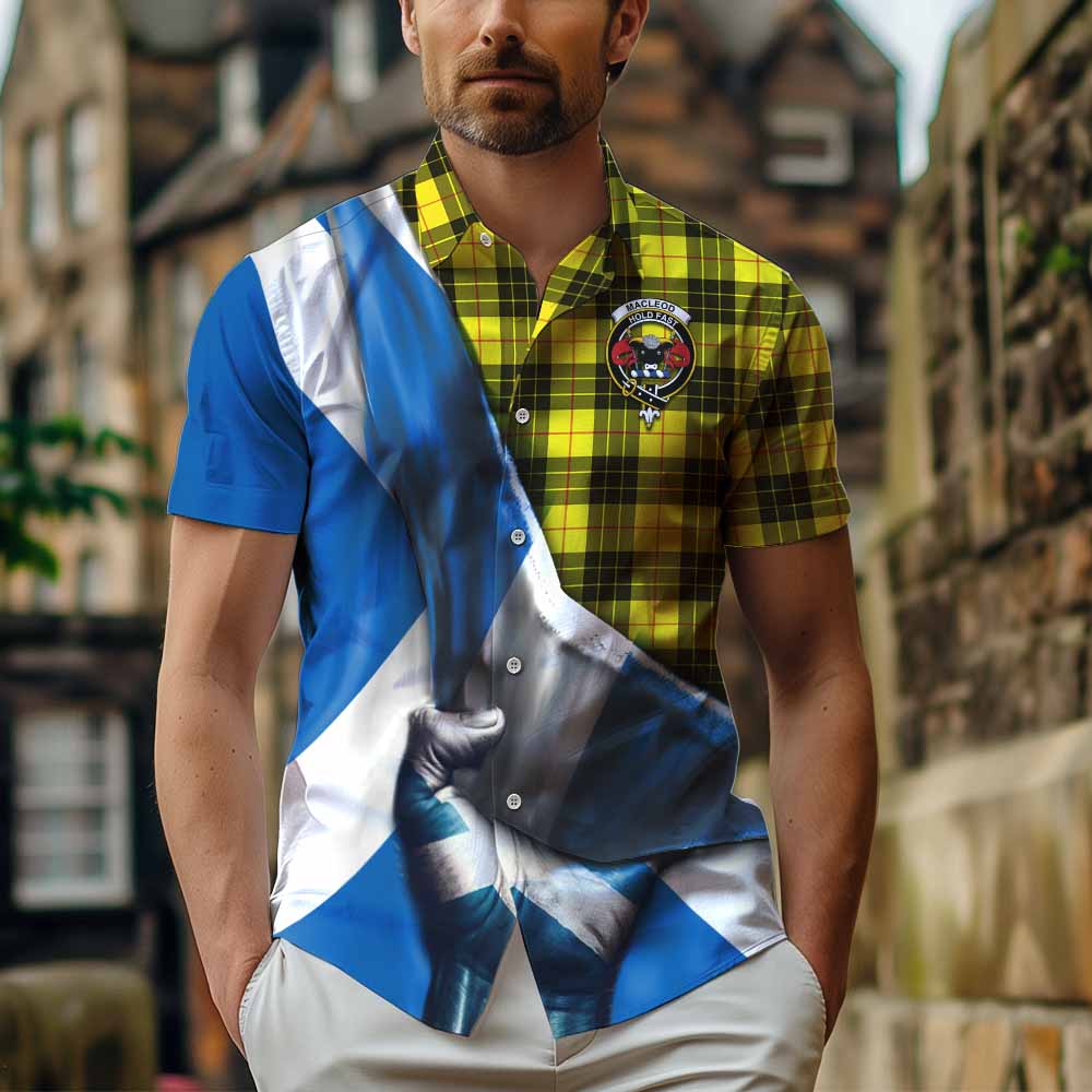 Tartan Vibes Clothing MacLeod (McLeod) Tartan Short Sleeve Button Shirt with Family Crest Scotland Patriotic Style