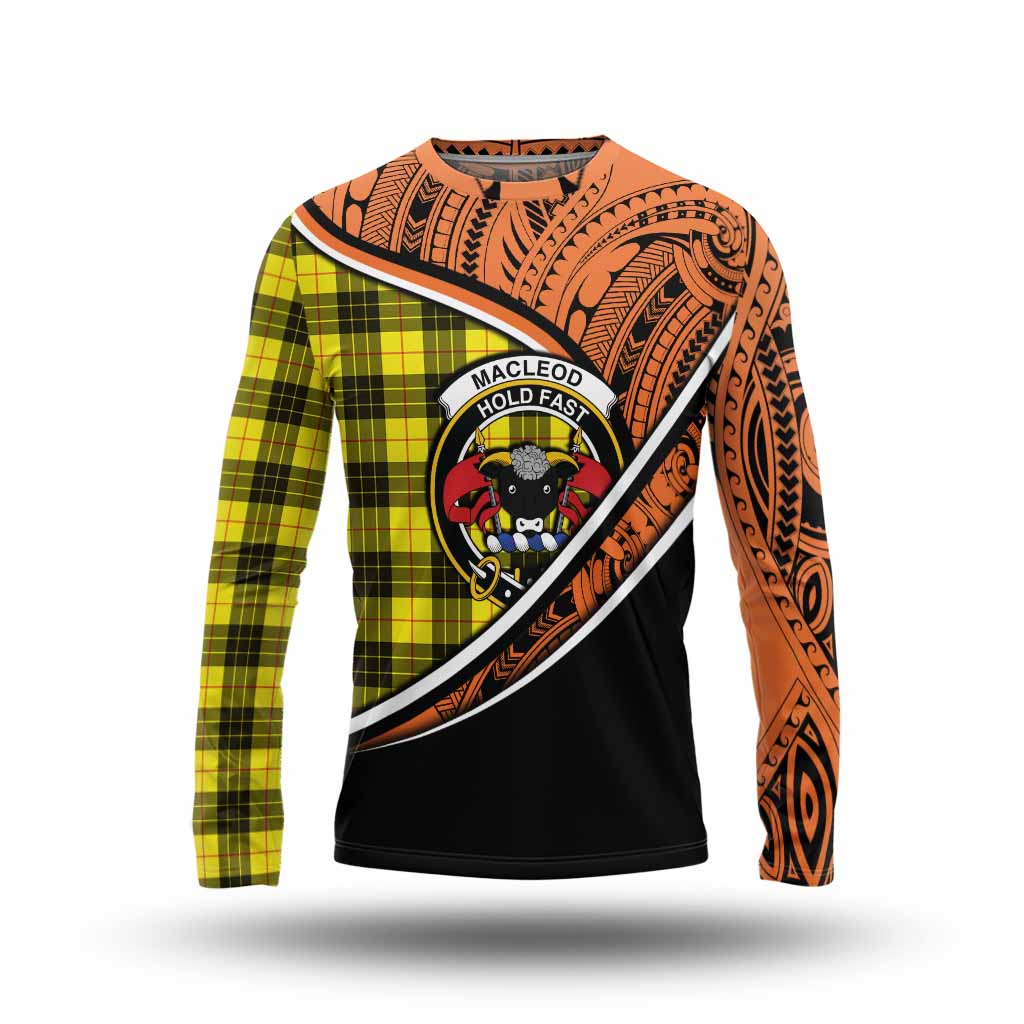 Tartan Vibes Clothing MacLeod (McLeod) Crest Tartan Long Sleeve T-Shirt with Maori Tattoo Style - Orange Version