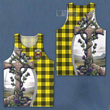 MacLeod (McLeod) Tartan Men's Tank Top with Family Crest and St. Andrew's Cross Accented by Thistle Vines