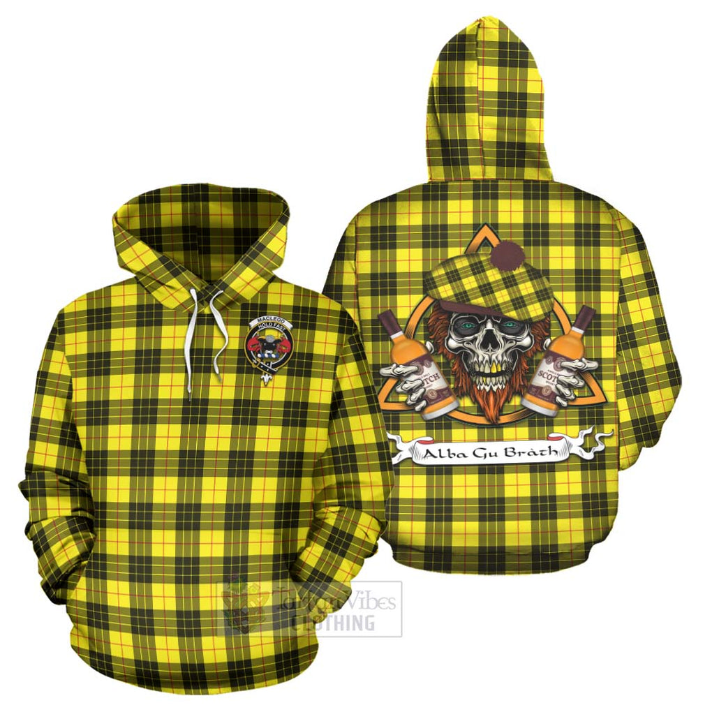 Tartan Vibes Clothing MacLeod (McLeod) Tartan Hoodie with Family Crest and Bearded Skull Holding Bottles of Whiskey