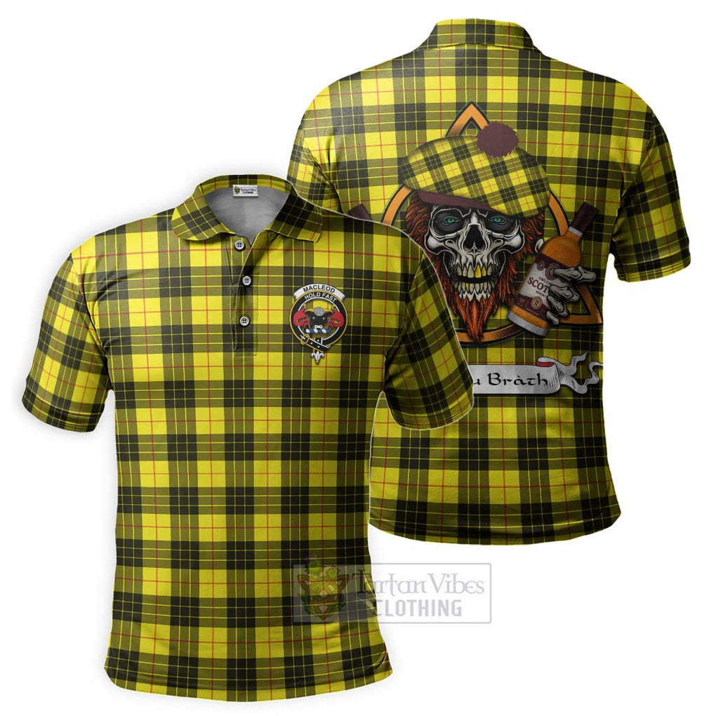 Tartan Vibes Clothing MacLeod (McLeod) Tartan Polo Shirt with Family Crest and Bearded Skull Holding Bottles of Whiskey