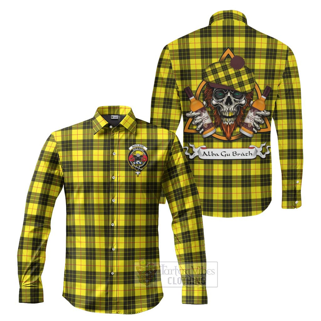 Tartan Vibes Clothing MacLeod (McLeod) Tartan Long Sleeve Button Shirt with Family Crest and Bearded Skull Holding Bottles of Whiskey