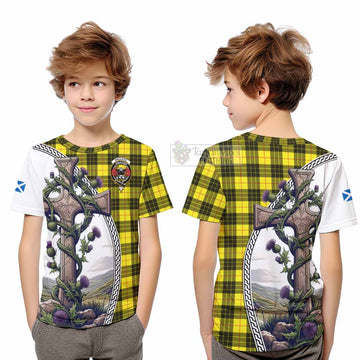 MacLeod (McLeod) Tartan Kid T-Shirt with Family Crest and St. Andrew's Cross Accented by Thistle Vines