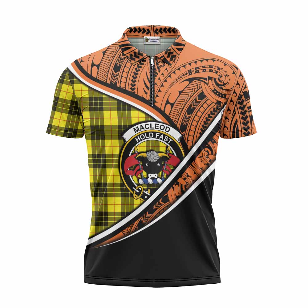 Tartan Vibes Clothing MacLeod (McLeod) Crest Tartan Zipper Polo Shirt with Maori Tattoo Style - Orange Version