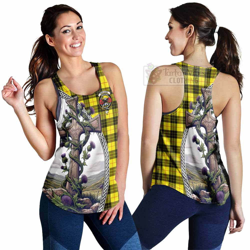 Tartan Vibes Clothing MacLeod (McLeod) Tartan Women's Racerback Tanks with Family Crest and St. Andrew's Cross Accented by Thistle Vines