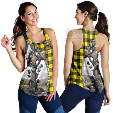 MacLeod (McLeod) Tartan Women's Racerback Tanks with Family Crest and St. Andrew's Cross Accented by Thistle Vines