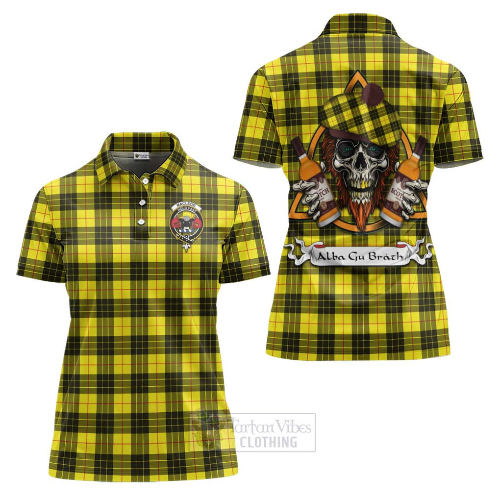 Tartan Vibes Clothing MacLeod (McLeod) Tartan Women's Polo Shirt with Family Crest and Bearded Skull Holding Bottles of Whiskey