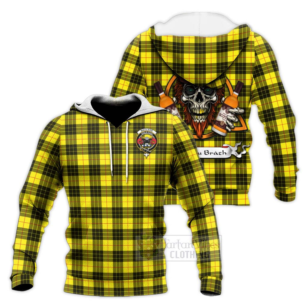 Tartan Vibes Clothing MacLeod (McLeod) Tartan Knitted Hoodie with Family Crest and Bearded Skull Holding Bottles of Whiskey