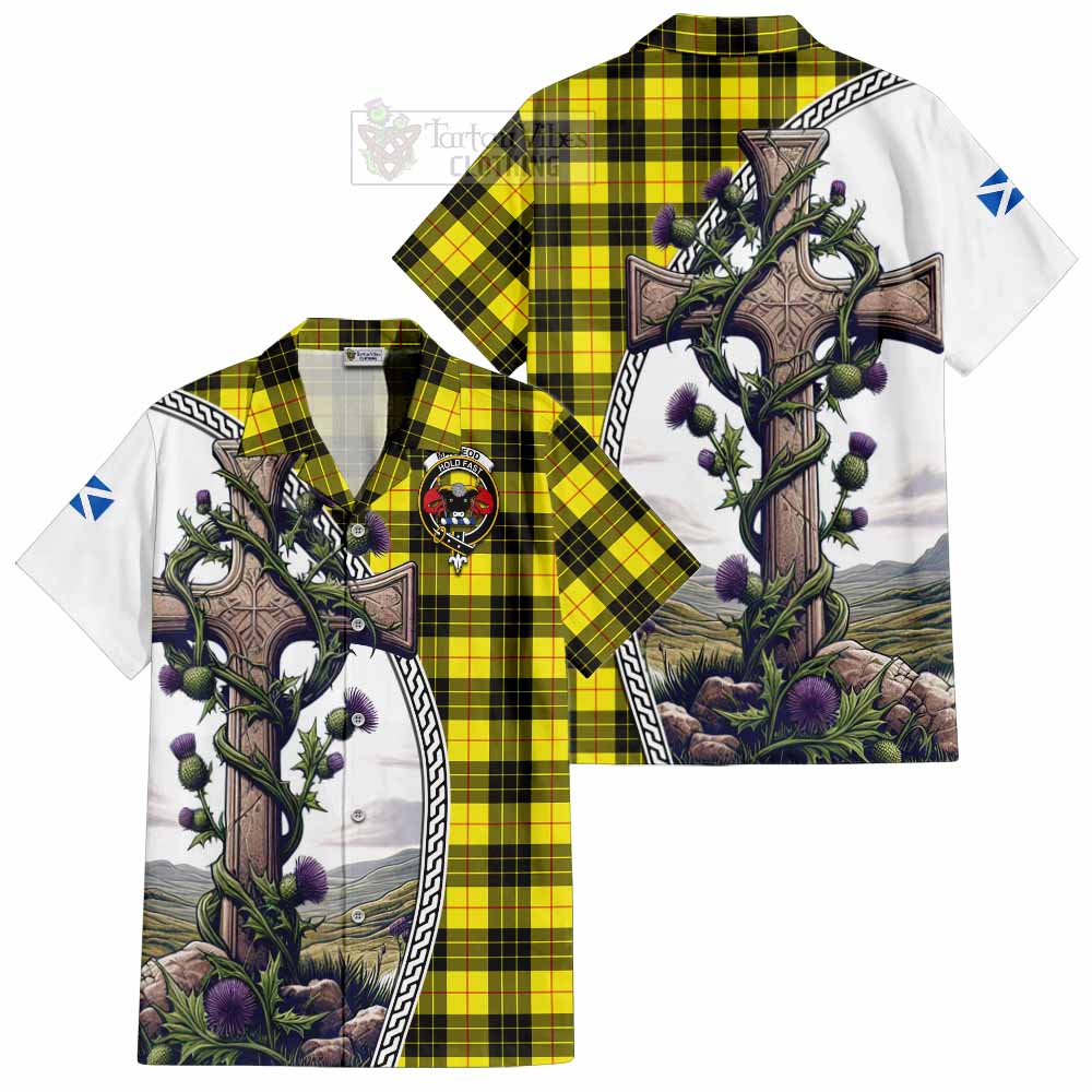 Tartan Vibes Clothing MacLeod (McLeod) Tartan Short Sleeve Button Shirt with Family Crest and St. Andrew's Cross Accented by Thistle Vines