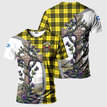 MacLeod (McLeod) Tartan T-Shirt with Family Crest and St. Andrew's Cross Accented by Thistle Vines