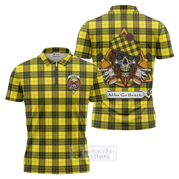 MacLeod (McLeod) Tartan Zipper Polo Shirt with Family Crest and Bearded Skull Holding Bottles of Whiskey