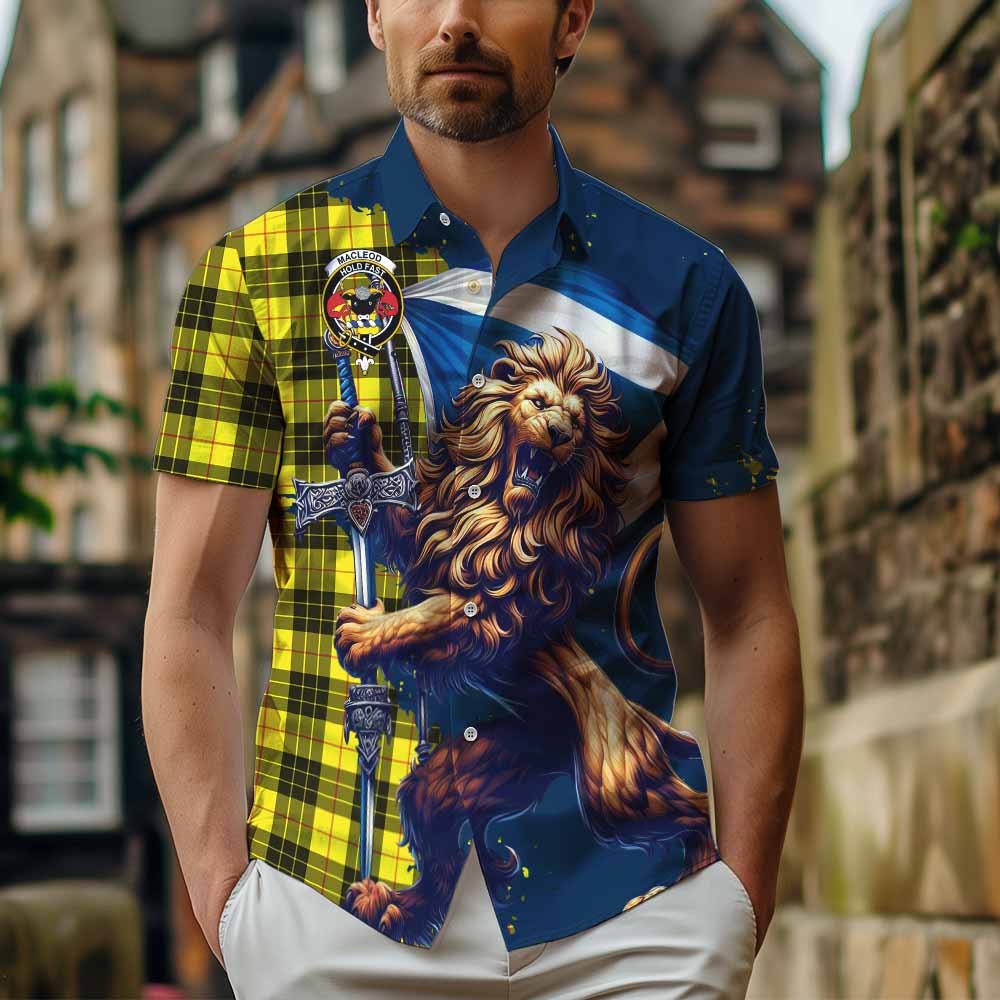 Tartan Vibes Clothing MacLeod (McLeod) Tartan Family Crest Short Sleeve Button Shirt with Scottish Majestic Lion