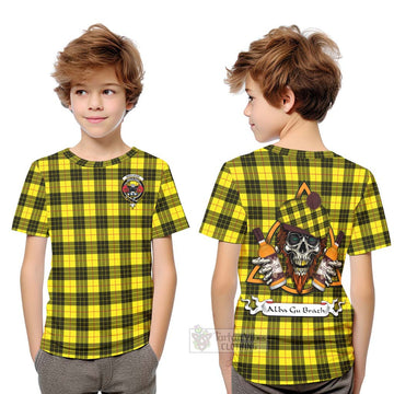 MacLeod (McLeod) Tartan Kid T-Shirt with Family Crest and Bearded Skull Holding Bottles of Whiskey