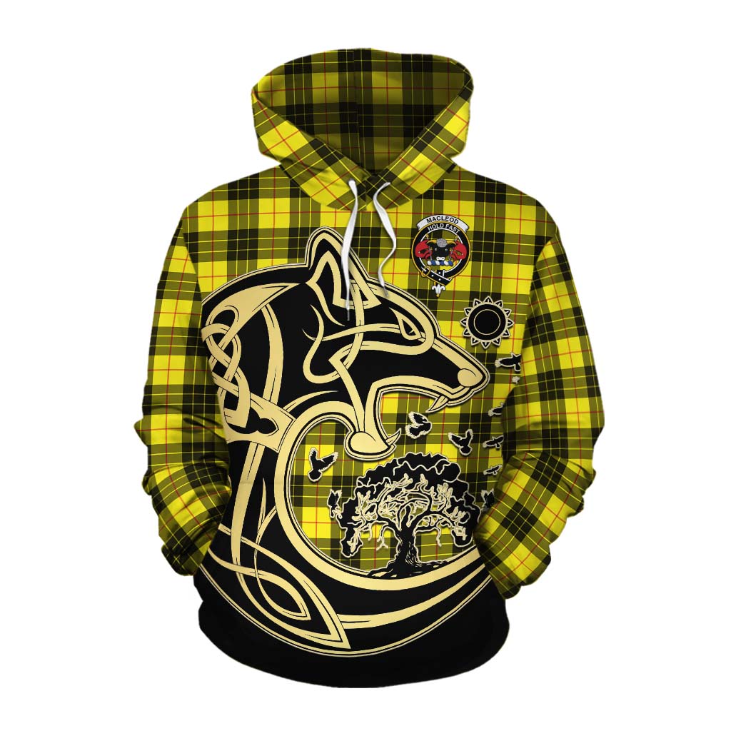 Tartan Vibes Clothing MacLeod (McLeod) Tartan Cotton Hoodie with Family Crest Celtic Wolf Style