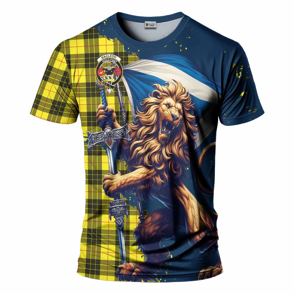 Tartan Vibes Clothing MacLeod (McLeod) Tartan Family Crest T-Shirt with Scottish Majestic Lion