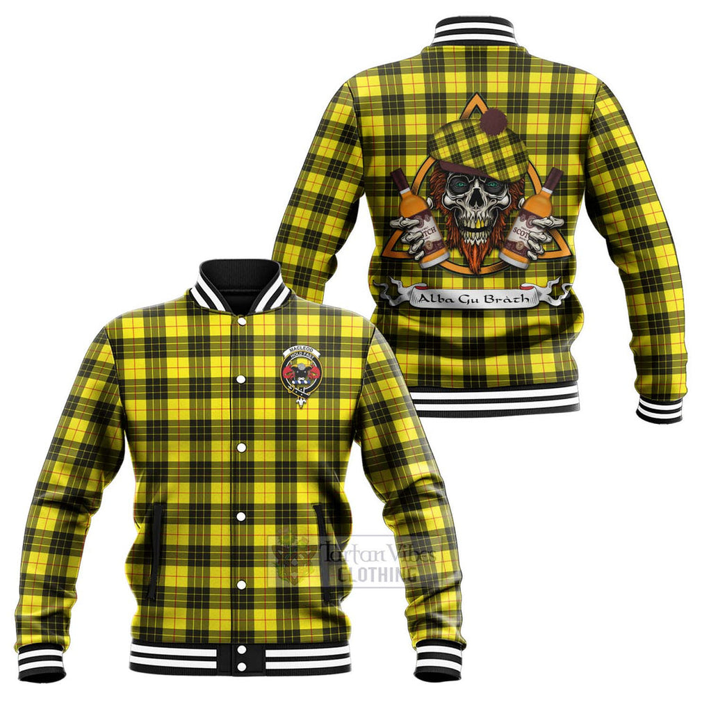 Tartan Vibes Clothing MacLeod (McLeod) Tartan Baseball Jacket with Family Crest and Bearded Skull Holding Bottles of Whiskey