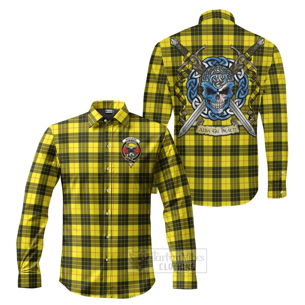 Tartan Vibes Clothing MacLeod (McLeod) Tartan Long Sleeve Button Shirt with Family Crest Celtic Skull Style