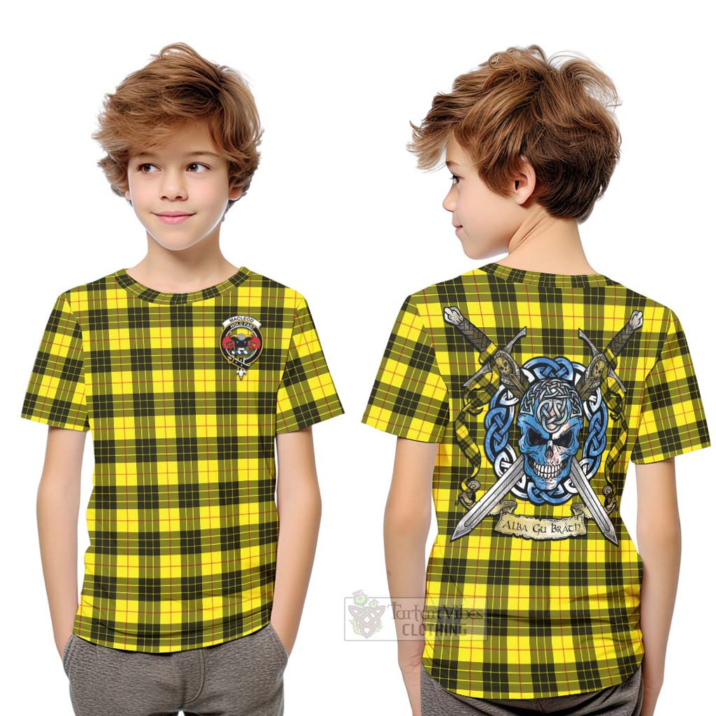 Tartan Vibes Clothing MacLeod (McLeod) Tartan Kid T-Shirt with Family Crest Celtic Skull Style