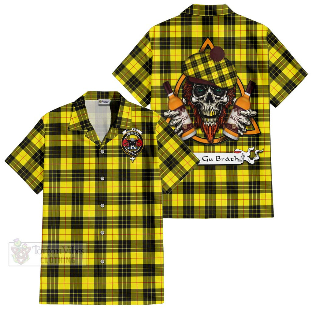 Tartan Vibes Clothing MacLeod (McLeod) Tartan Short Sleeve Button Shirt with Family Crest and Bearded Skull Holding Bottles of Whiskey