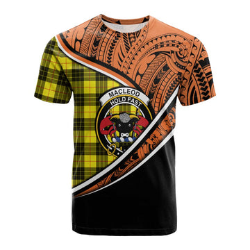 MacLeod (McLeod) Crest Tartan Cotton T-shirt with Polynesian Vibes Style - Orange Version