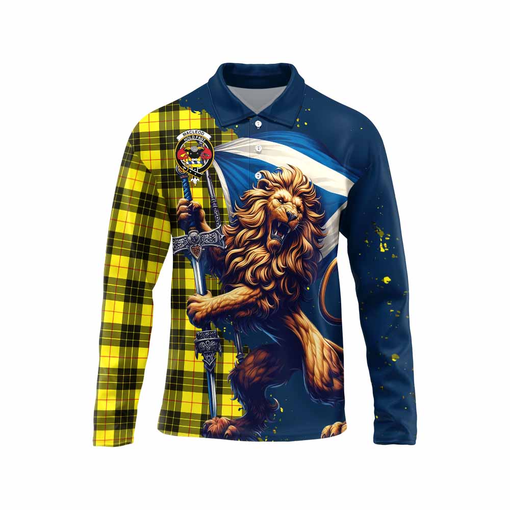 Tartan Vibes Clothing MacLeod (McLeod) Tartan Family Crest Long Sleeve Polo Shirt with Scottish Majestic Lion