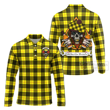 MacLeod (McLeod) Tartan Long Sleeve Polo Shirt with Family Crest and Bearded Skull Holding Bottles of Whiskey