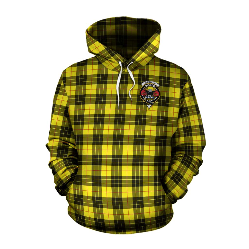 Tartan Vibes Clothing MacLeod (McLeod) Tartan Cotton Hoodie with Family Crest and Bearded Skull Holding Bottles of Whiskey