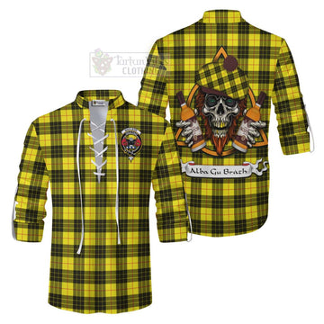 MacLeod (McLeod) Tartan Ghillie Kilt Shirt with Family Crest and Bearded Skull Holding Bottles of Whiskey